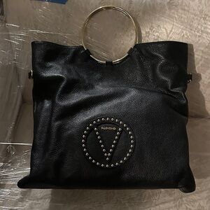 Valentino Black Leather Tote with Gold Accents